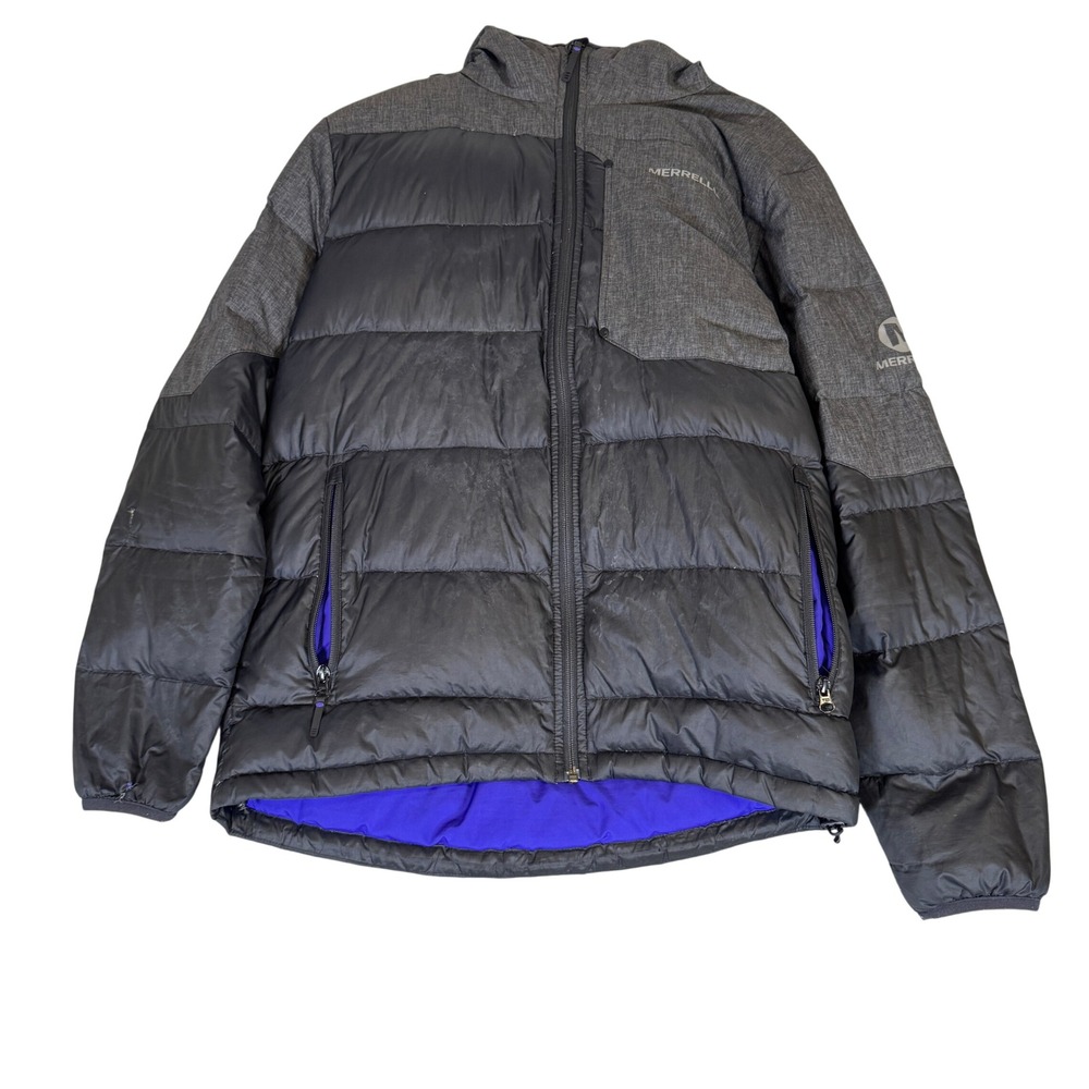 Merrell Mens Goose Down Puffer Jacket Black Grey Mixed Media Hooded Quilted